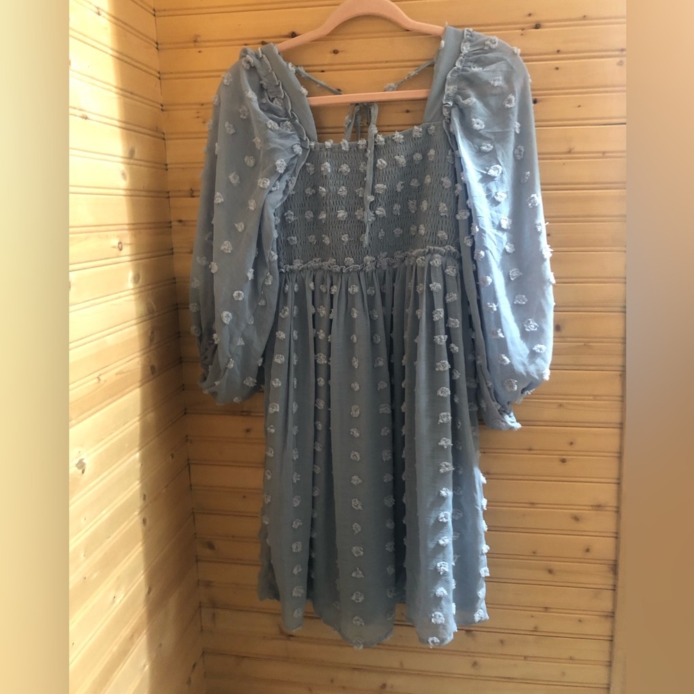 Final sale !!Elegant Light Blue Midi Dress with Puff Sleeves